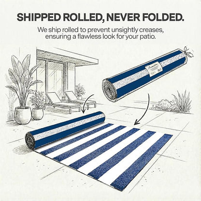 FH Home Outdoor Rug - Waterproof, Fade Resistant, Reversible - Premium Recycled Plastic - Striped - Large Patio, Deck, Sunroom, Camping, RV - Brittany Stripe - Blue & White Crease Free - 5 x 8 ft