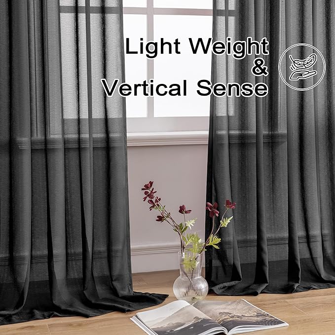 MAIHER 80 Inch Length Pinch Pleated Sheer Curtains Light Filtering Voile for Patio Door Living Room Soft Touch Lightweight Pleated Drapes with Adjustable Hooks, Black, 42" W x 80" L, 2 Panels