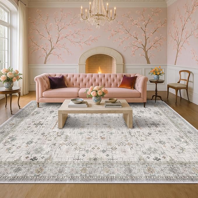 Boho Light Grey Living Room Rug 9x12 - Modern Vintage Eclectic Floral Pastel Neutral Taupe, Washable Low Pile Non-Slip Extra Large Area Rugs for Dining Under Table Bedroom