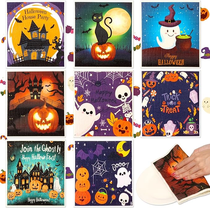Lucomb 8 Pack Halloween Swedish Dishcloths Reusable, Kitchen Sponges Soft by Lucomb