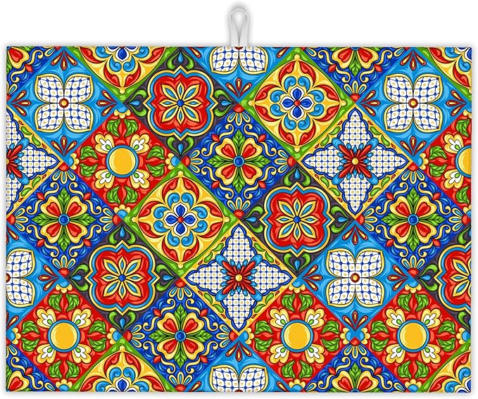 Mexican Tile Dish Drying Mat, Boho Tradicion Drying Rack Pad Countertop Dishes by UIUPRO