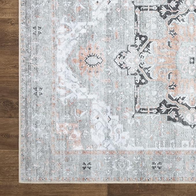 Bloom Rugs Washable Non-Slip 5' x 7' Rug - Gray/Coral Pink Traditional Area Rug for Living Room, Bedroom, Dining Room, and Kitchen - Exact Size: 5' x 7'