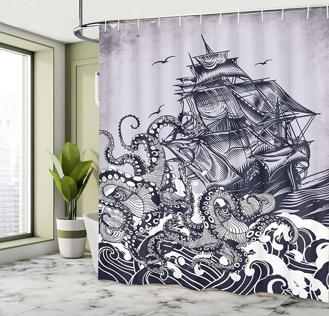 Ambesonne Nautical Shower Curtain, Coastal Nature Theme Kraken Octopus Tentacles - Image 4