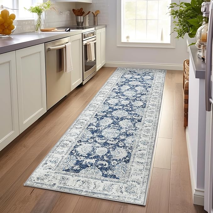 jinchan Fiora Hallway Runner Rug 3x10 Washable Runner - Vintage Floral Non Slip Low-Pile Soft Thin Faux Wool Kitchen Rug Distressed Carpet for Farmhouse Bedroom Laundry Room(3x10ft,Dark Blue)