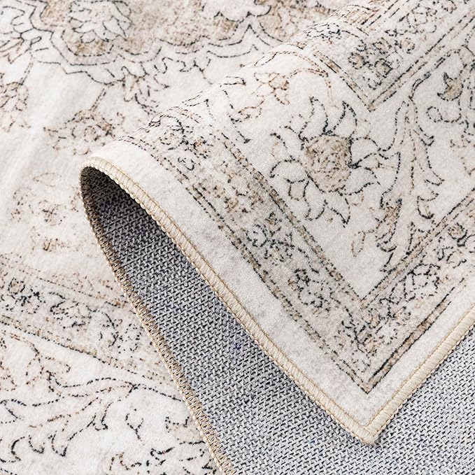 Beige Area Rug 4x5 Washable Vintage Carpet Entryway Office Soft Retro Kitchen Low Pile Thin Door Mat Non Slip Oriental Medallion Throw Small Rug for Bathroom Bedroom Dining Living Room