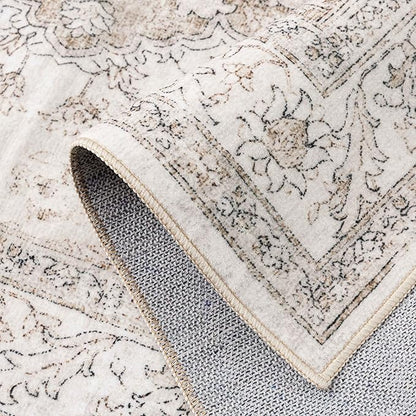 Beige Area Rug 4x5 Washable Vintage Carpet Entryway Office Soft Retro Kitchen Low Pile Thin Door Mat Non Slip Oriental Medallion Throw Small Rug for Bathroom Bedroom Dining Living Room