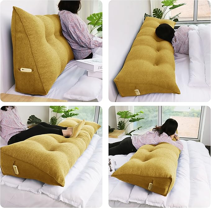 Wedge Headboard Pillow Dorm Room Reading Pillow Back Support for Sitting Up in Bed Bolster Lumbar Cushion Body Positioning Bedrest Gifts for Mom Cotton Linen 76in Yellow King