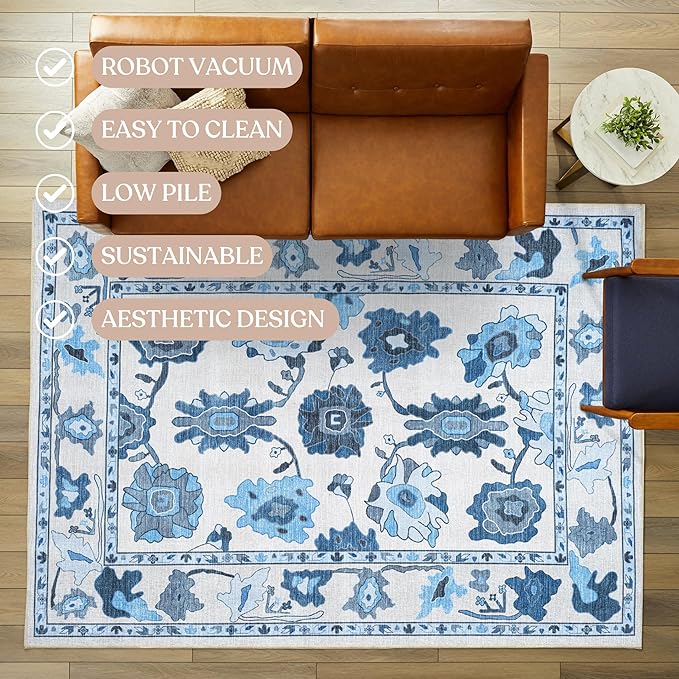 Fame Living Navy Blue Oushak Rug, Modern, Vintage, Turkish, Eclectic, Floral, Pastel, Washable, Area Rugs for Living Room, Dining, Bedroom, Nursery, Girls, Boys, 5'9"x8'9"
