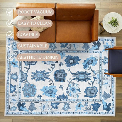 Fame Living Navy Blue Oushak Rug, Modern, Vintage, Turkish, Eclectic, Floral, Pastel, Washable, Area Rugs for Living Room, Dining, Bedroom, Nursery, Girls, Boys, 5'9"x8'9"