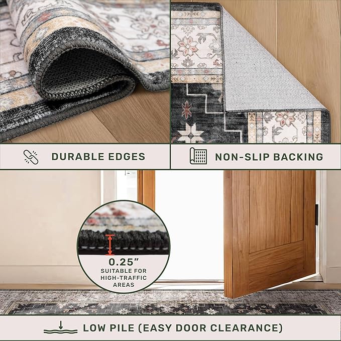 Black Boho Washable 3x20 Extra Long Runner Rug for Hallway, Waterproof Large Kitchen Floor Rug, Non-Slip Stain & Fade Resistant, Vintage Floral Decor