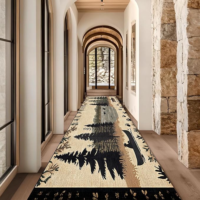 Vintage Bear Claw Fishing Boat Rug 3.3x7ft Elk Pine Forest Bohemian Carpet, Non-Slip Nursery Rug with Washable Surface, Brown Retro Floor Mat for Cabin Decor