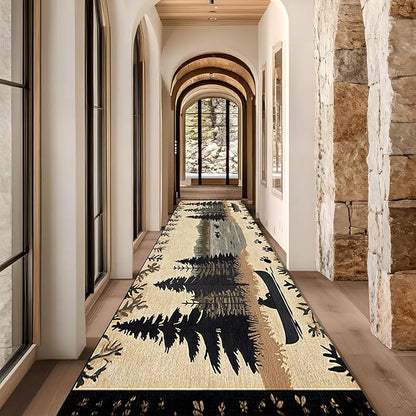 Vintage Bear Claw Fishing Boat Rug 3.3x7ft Elk Pine Forest Bohemian Carpet, Non-Slip Nursery Rug with Washable Surface, Brown Retro Floor Mat for Cabin Decor