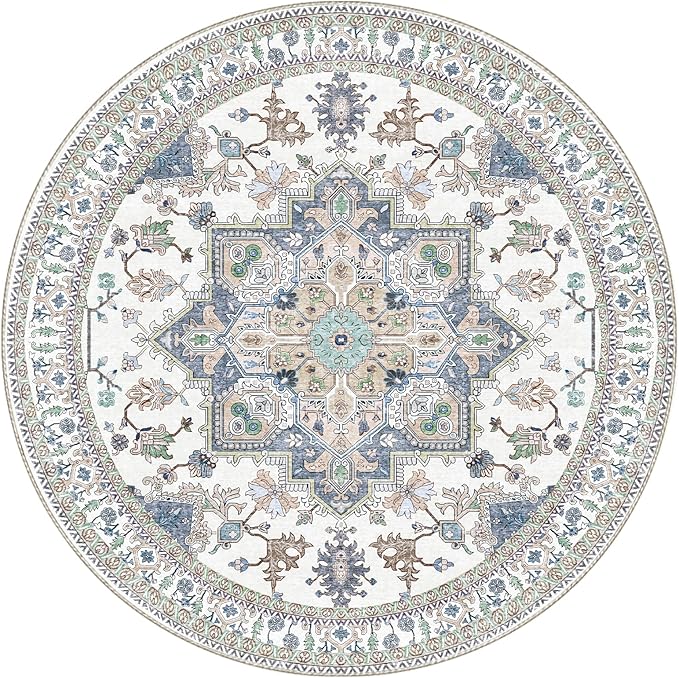 OPPODREAM Thin Round Rug 6ft, Washable Circle Rug 6ft with Non Slip Backing Play Room, Low-Pile Carpet 6 ft, Faux Cashmere Throw Carpet, Purple & Green & Cream
