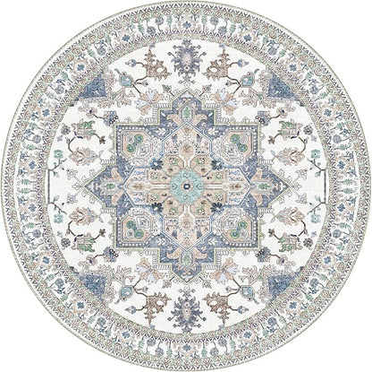 OPPODREAM Thin Round Rug 6ft, Washable Circle Rug 6ft with Non Slip Backing Play Room, Low-Pile Carpet 6 ft, Faux Cashmere Throw Carpet, Purple & Green & Cream