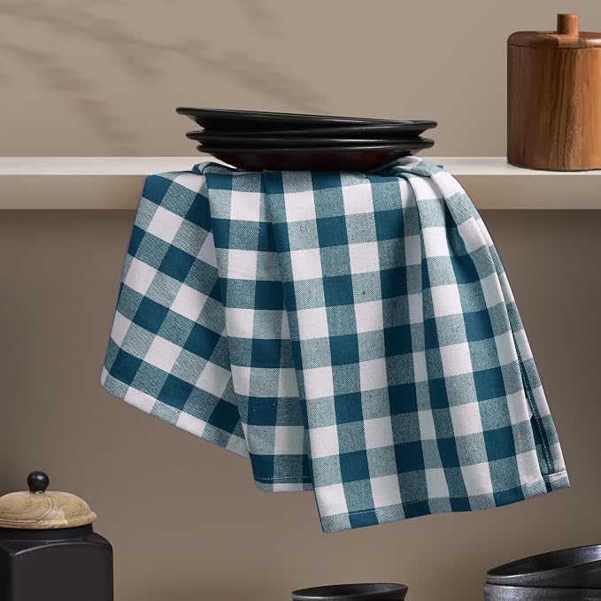 Teal Gingham Kitchen Towels, 18x26 Inches, Quick Drying, 100% Cotton, Checked - Image 2