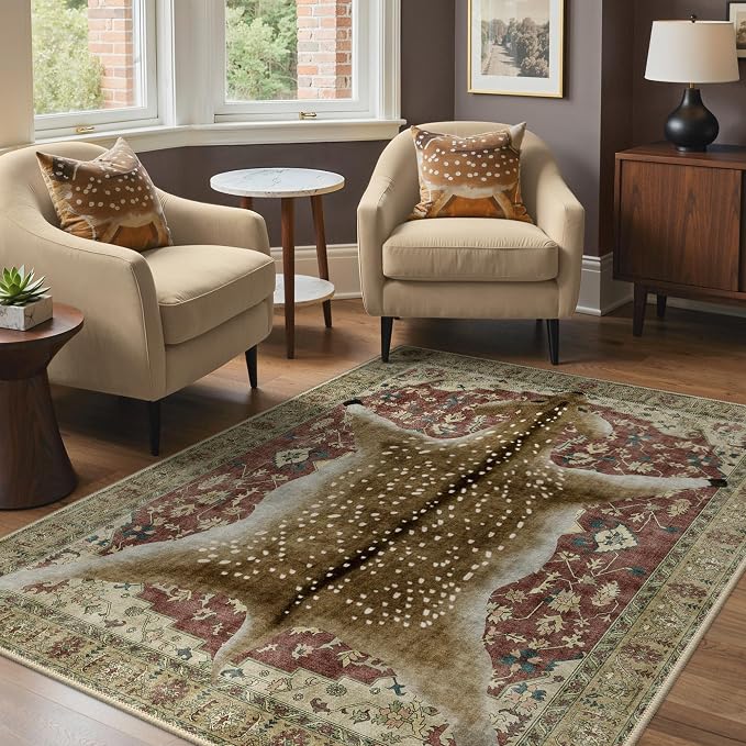 Bavni 5x7 Deer Rug, Machine Washable Animal Print Low Pile Boho Carpet - Image 2