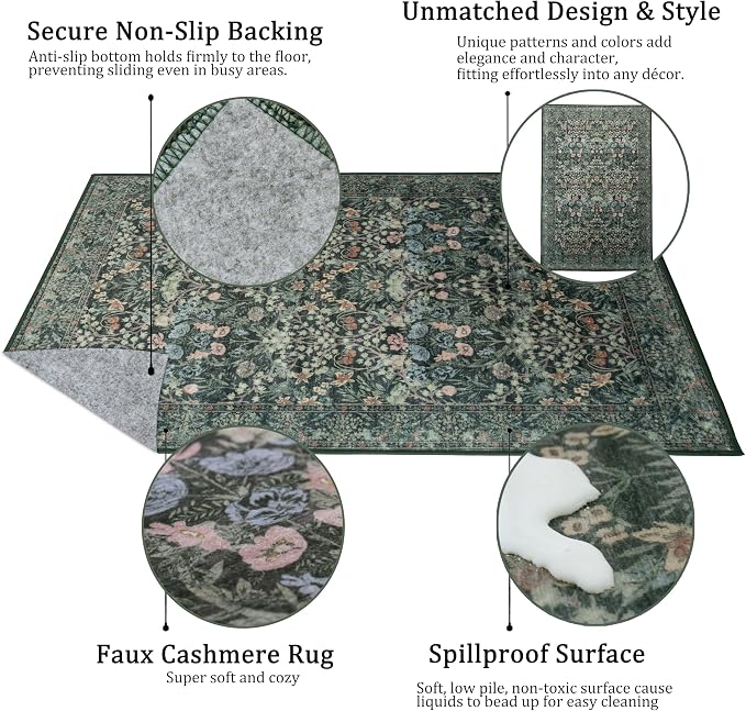 8x10 Washable Area Rug for Living Room, Large Vintage Dark Green Floral Rugs - Image 2