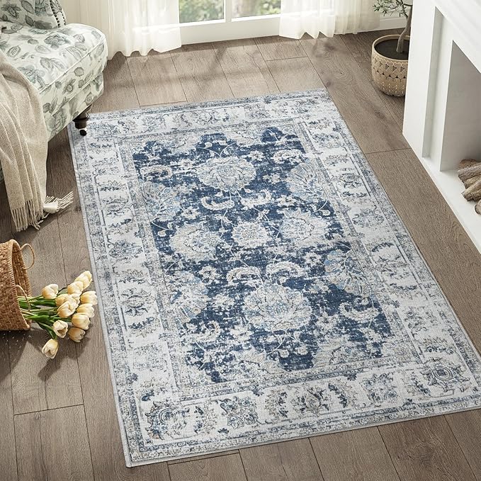 jinchan Fiora Washable Area Rug 3x5 Entryway Rug Distressed Vintage Floral Ultra-Thin Low-Pile Soft Non-Shedding Indoor Floor Carpet for Kitchen Bedroom Entrance Laundry Living Room(3x5ft, Dark Blue)