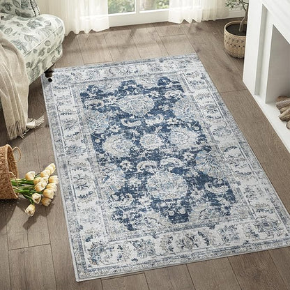 jinchan Fiora Washable Area Rug 3x5 Entryway Rug Distressed Vintage Floral Ultra-Thin Low-Pile Soft Non-Shedding Indoor Floor Carpet for Kitchen Bedroom Entrance Laundry Living Room(3x5ft, Dark Blue)