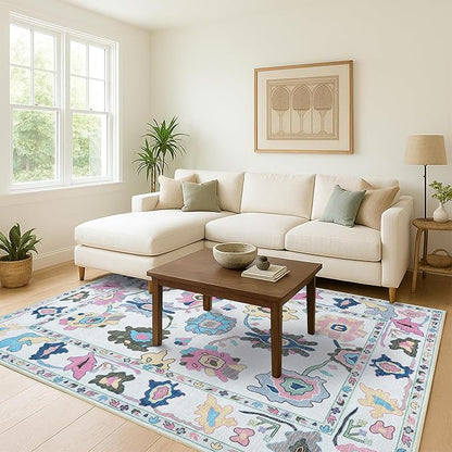 Fame Living Colorful Oushak Rug, Modern, Vintage, Turkish, Eclectic, Floral, Pastel, Washable, Extra Large Area Rugs for Living Room, Dining, Bedroom, Lounge, 9'x12'