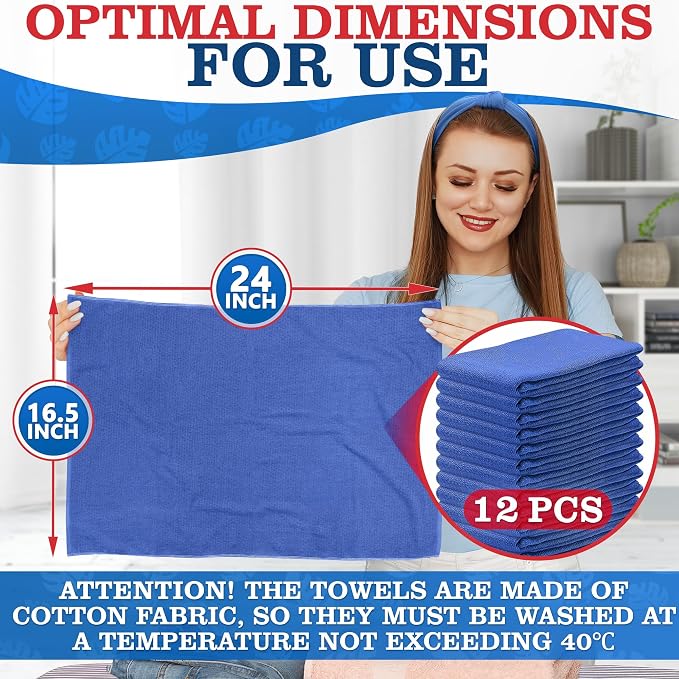 Huck Towels -12 Pack 24"x16.5" Cotton Blue Shop Towels - Image 2