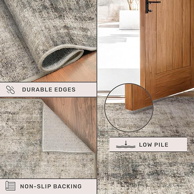 3x5 Entryway Rugs Indoor - Taupe Washable Farmhouse Area Rug for Bedroom, Kitchen, Laundry Room, Brown Vintage Home Décor, Low Pile & Soft Stain Resistant Carpet