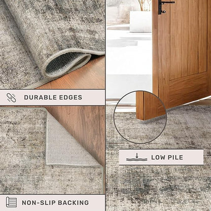 3x5 Entryway Rugs Indoor - Taupe Washable Farmhouse Area Rug for Bedroom, Kitchen, Laundry Room, Brown Vintage Home Décor, Low Pile & Soft Stain Resistant Carpet