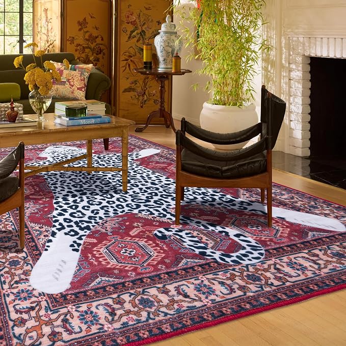 Oriental Leopard Rug 8x10 ft Washable Traditional Red Persian Rug - Image 7