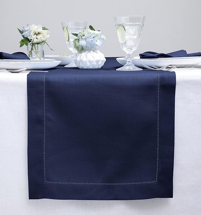 Solino Home Linen Navy Blue Table Runner 72 Inches Long - 100% Pure Linen Hemstitch Table Runner 14 x 72 Inch for Dresser, Dining, Winter, Christmas, New Year - Classic Hemstitch