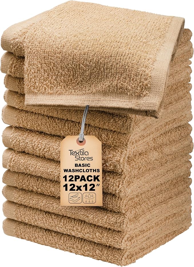 Basic Wash Cloths 12x12 Inches – Pack of 12 – Beige Color – Soft and Absorbent by TEXTILA