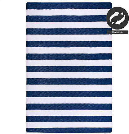 FH Home Outdoor Rug - Waterproof, Fade Resistant, Reversible - Premium Recycled Plastic - Striped - Large Patio, Deck, Sunroom, Camping, RV - Brittany Stripe - Blue & White Crease Free - 5 x 8 ft