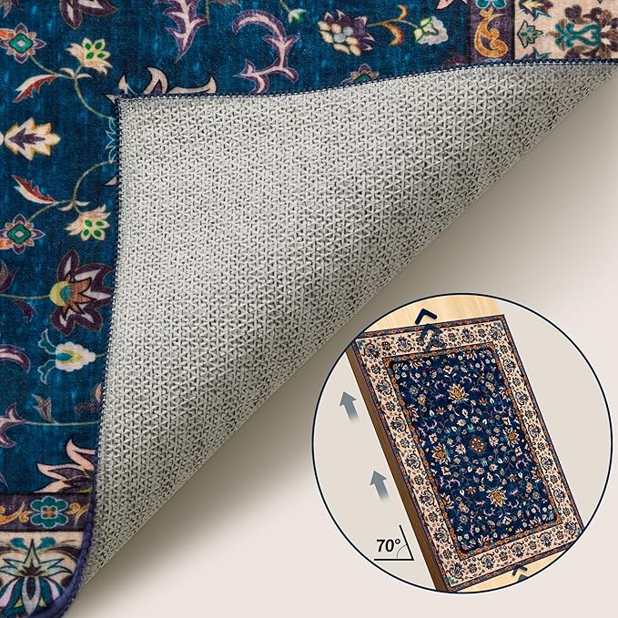 Tangspp Floral Washable Runner Rug, 2x5 Rug Runners for Hallways Non Slip, Vintage Boho Runner Rug for Entryway Indoor, Blue Print Carpet Runner, Soft Low Pile Runner for Kitchen Bedroom Navy Blue
