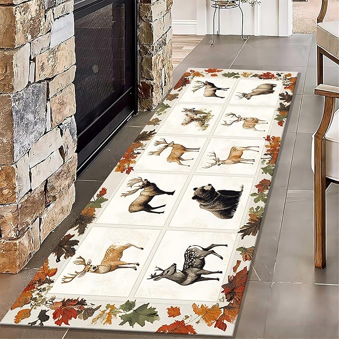 Beige Checkered Maple Bear Elk Hallway Rug 2x8ft Bohemian Vintage Floor Mat for Nursery Farmhouse, Foldable Anti-Fatigue Rug with Crushed Leaf Pattern