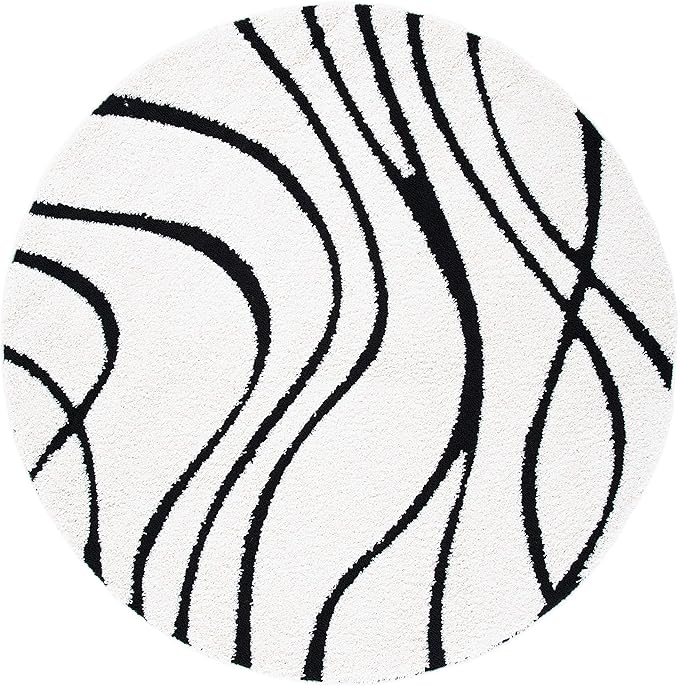 SAFAVIEH Florida Shag Collection 5' Round Ivory / Black SG471 Abstract Wave Non-Shedding Living Room Bedroom Dining Room Entryway Plush 1.2-inch Thick Area Rug