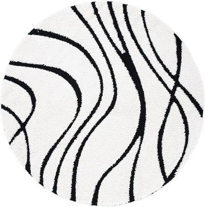SAFAVIEH Florida Shag Collection 5' Round Ivory / Black SG471 Abstract Wave Non-Shedding Living Room Bedroom Dining Room Entryway Plush 1.2-inch Thick Area Rug
