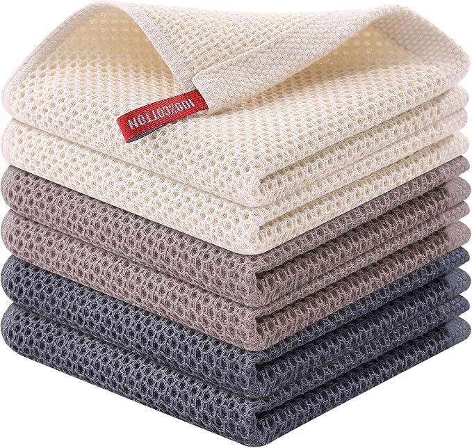 Kitinjoy 100% Cotton Kitchen Dish Cloths, 6 Pack Waffle Weave Ultra Soft by Kitinjoy