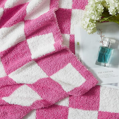WRENSONGE Checkered Throw Blanket, Hot Pink Soft Cozy Fluffy Warm Hand Made Throw Blankets for Couch, Sofa, Chair, Bed, Camping, Picnic, Travel Lightweight Bed Blanket - 60"*80"