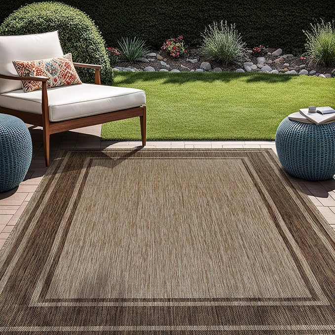 Beverly Rug Outdoor Rug 5x7 Modern Bordered Area Rugs for Indoor and Outdoor Patio Deck Porch Garden Waterproof Weather Sun Resistant Washable Outside Carpet (5 x 7 Jute)