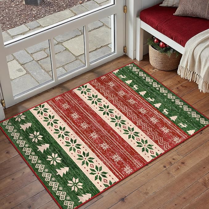 Christmas Red Area Rug 2x3 Washable Snowflake Carpet Non Slip Holiday by PureCozy
