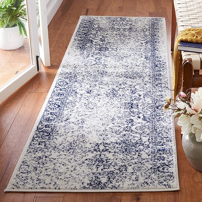 SAFAVIEH Adirondack Collection Runner Rug - 2'6" x 12', Ivory & Navy, Distressed Vintage Floral Design, Non-Shedding & Easy to Clean, Ideal for Living Room, Bedroom, Dining (ADR109M)