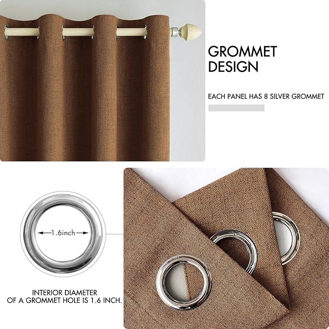 MIULEE 100% Blackout Linen Curtains for Bedroom Thermal Insulated Brown Grommet Room Darkening Curtains & Drapes Fall Decor for Living Room Nursery 52 x 108 Inch (2 Panels)