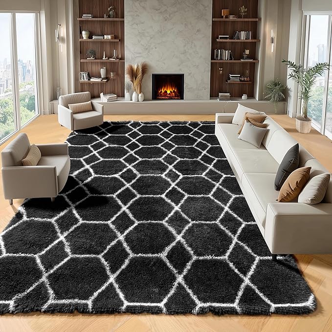 ONASAR 8x10 Area Rugs for Living Room, Fluffy Black and White Bedroom Rug, Washable Geometric Boho Large Soft Plush Shaggy Fuzzy Floor Carpet for Nursery Kids Classroom Playroom Dorm Home Decor
