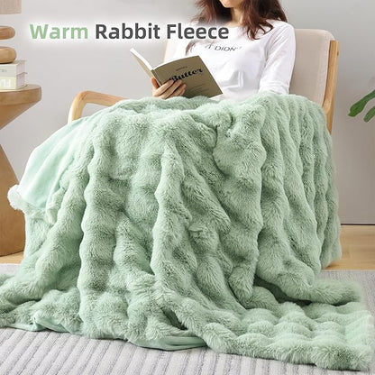 Smoofy Faux Fur Throw Blanket for Couch – Sage Fluffy Cozy Rabbit Fleece, Plush Soft Bubble Blanket for Sofa & Bed, for Mom, Warm Fuzzy Home Room Decor Throw 60" x 80"