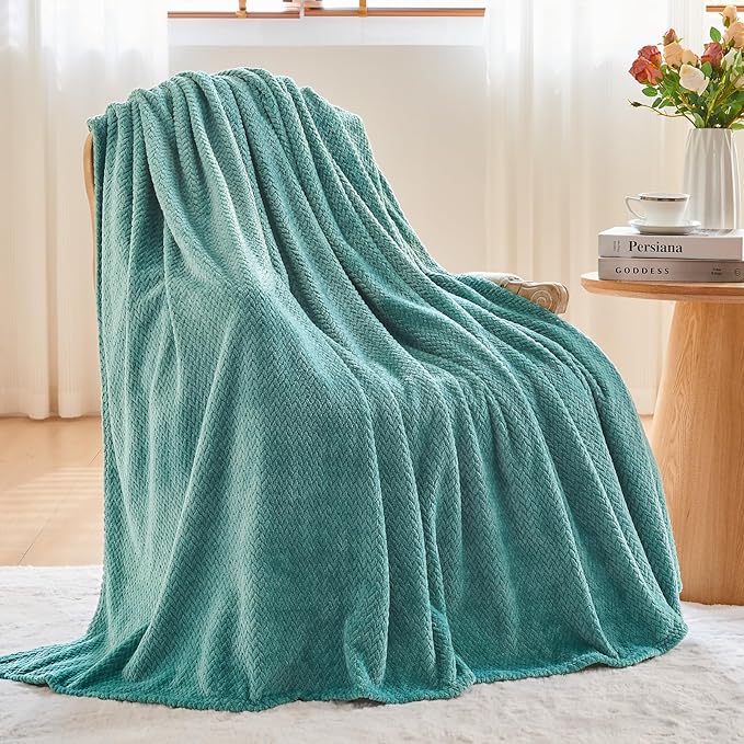 NEWCOSPLAY Super Soft Twin Blanket Light Teal Premium Silky Flannel Fleece Leaves Pattern Lightweight Bed Blanket All Season Use (Light Teal, Twin(60"x80"))