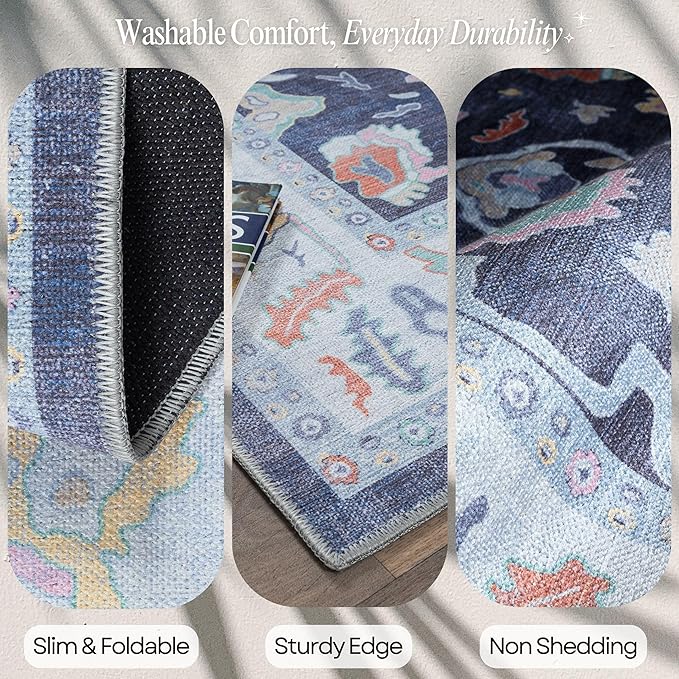 Fame Rugs Navy Blue Modern Oushak Rug 8x10, Vintage Turkish Colorful Oriental Washable Antique Inspired Large Area Rugs, Luxury Living Room Bedroom (388NB, 7'6 x 10')