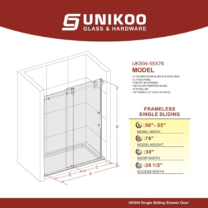 50-55 Inch x 76 Inch Sliding Frameless Shower Door, 3/8" Tempered Glass - Image 2