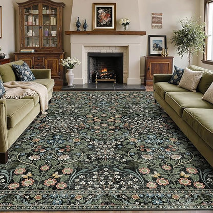 MUJOO 8x10 Area Rugs,Floral Washable Rugs for Living Room Dining Room Bedroom,Large Throw Carpet,Boho Non Slip Indoor Floor Big Soft Botanical Vintage Ultra-Thin Black and Green