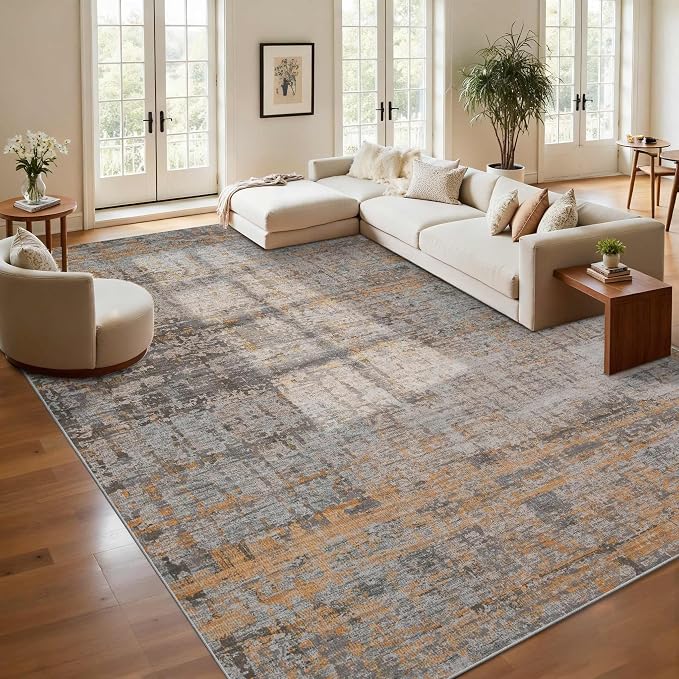 9x12 Area Rug for Living Room, Extra Large Washable Rug, Soft Taupe Abstract by Rugxara