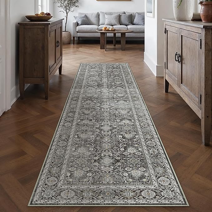 Black Runner Rug 3x8 Vintage Area Carpet Hallway Long Indoor Kitchen Washable Living Room Low Pile Traditional Distressed Retro Accent Throw Rug Non Slip Laundry Bathroom Office Dining Room
