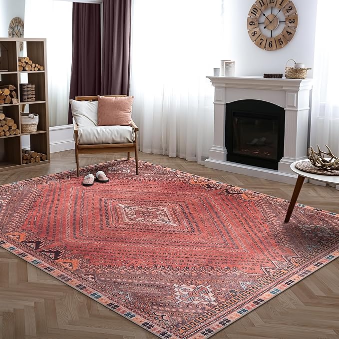 Bloom Rugs Washable Non-Slip 8' x 10' Rug - Red/Multicolor Traditional Bordered Area Rug for Living Room, Bedroom, Dining Room, and Kitchen - Exact Size: 8' x 10'